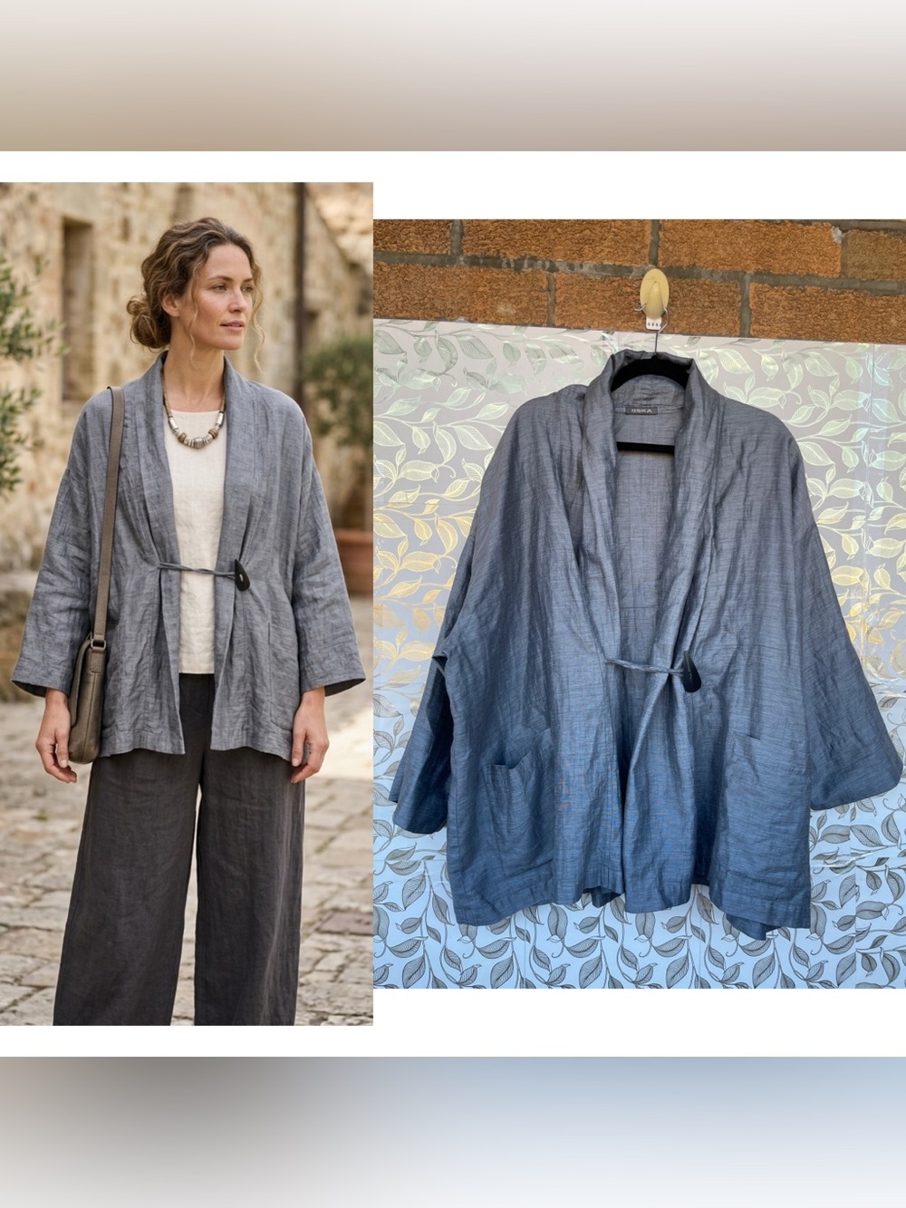 OSKA Linen Cotton Drape Kimono Cardigan Silver Gray Lagenlook Sz II / X-Large